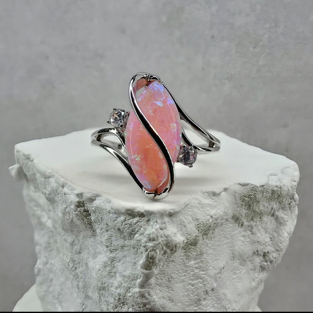 Size 9 Marquise Pink Fire Opal Ribbon Bypass Ring in Solid 925 Sterling Silver
